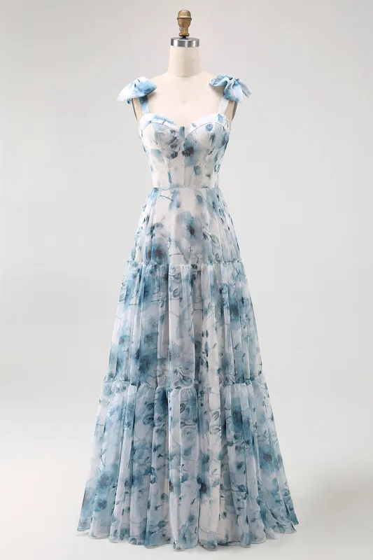 Blue Flower Printed A Line Long Bridesmaid Dress with Lace-up Back sold by Zapaka