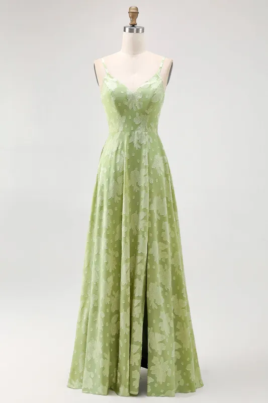 Sage Green Floral A Line Bridesmaid Dress with Slit sold by Zapaka