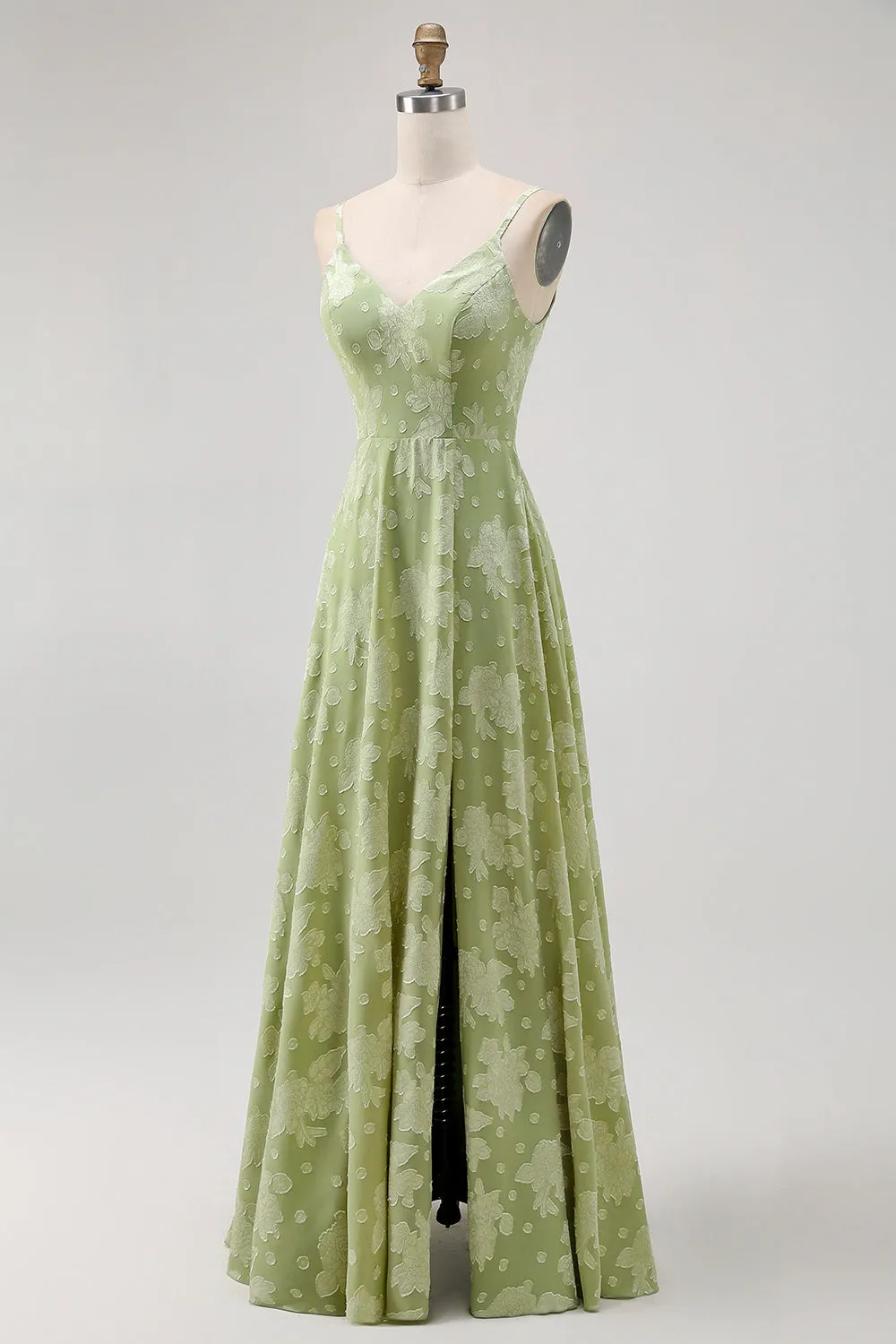 Sage Green Floral A Line Bridesmaid Dress with Slit sold by Zapaka product image thumbnail 3
