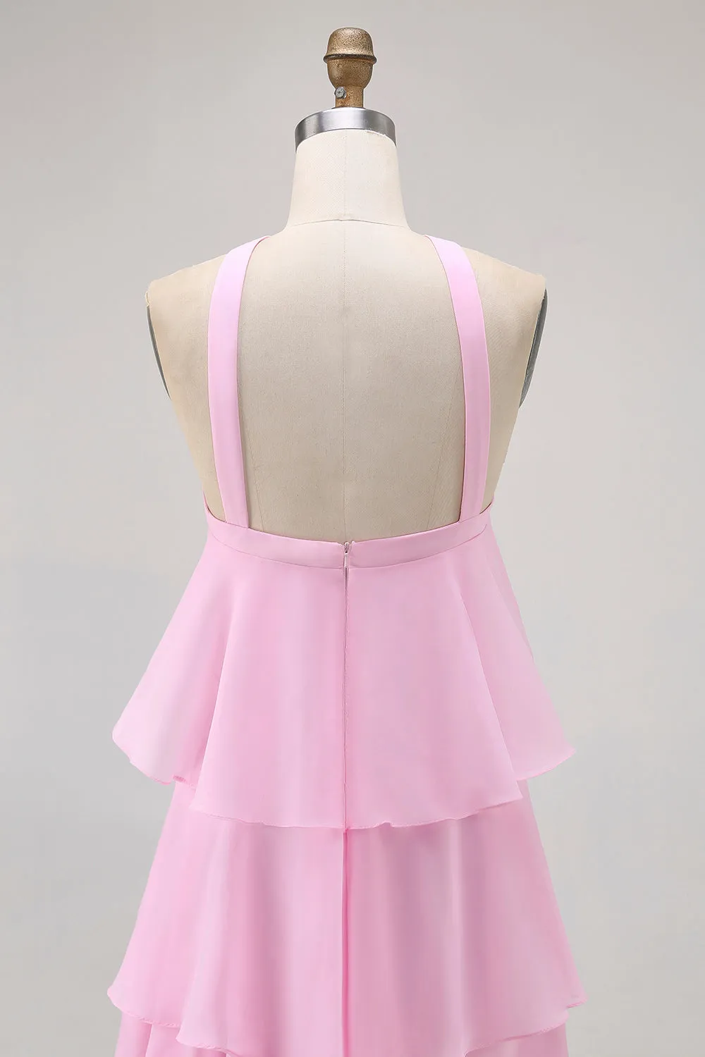 Candy Pink A Line Tiered Chiffon Bridesmaid Dress with 3D Flower sold by Zapaka product image thumbnail 5