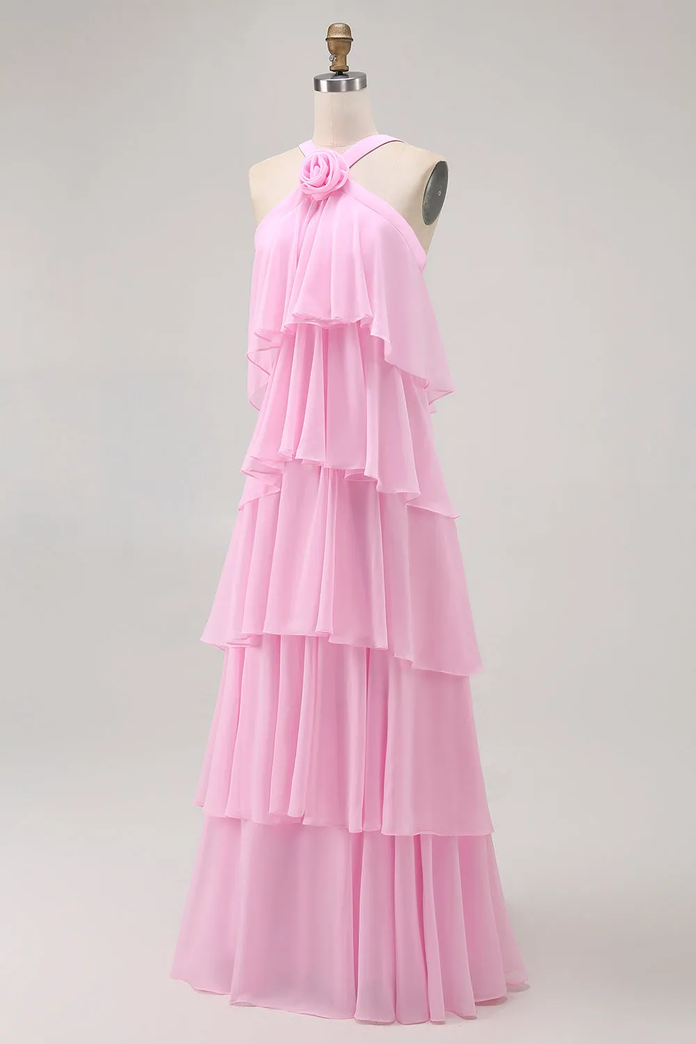 Candy Pink A Line Tiered Chiffon Bridesmaid Dress with 3D Flower sold by Zapaka product image thumbnail 3