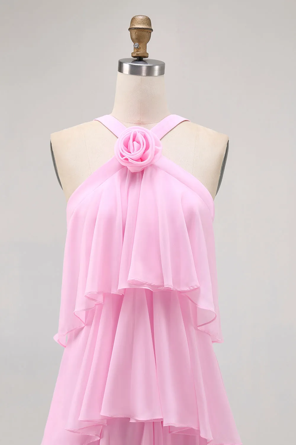 Candy Pink A Line Tiered Chiffon Bridesmaid Dress with 3D Flower sold by Zapaka product image thumbnail 4