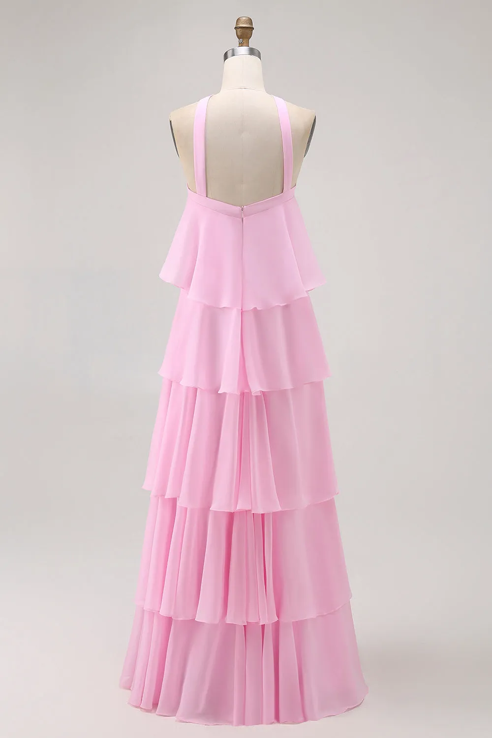 Candy Pink A Line Tiered Chiffon Bridesmaid Dress with 3D Flower sold by Zapaka product image thumbnail 2