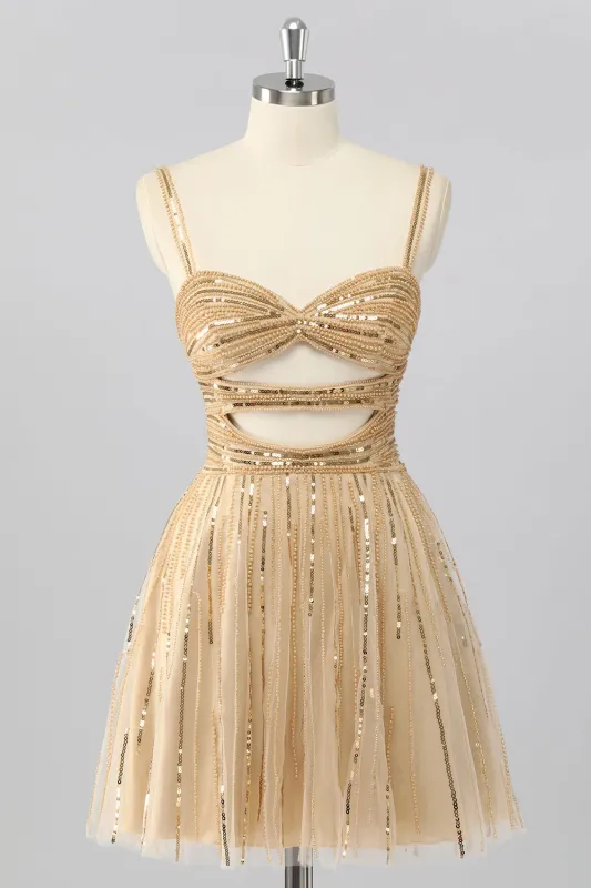 Sparkly Gold A-Line Cut-Out Sequins Mini Homecoming Dress with Beading sold by Zapaka