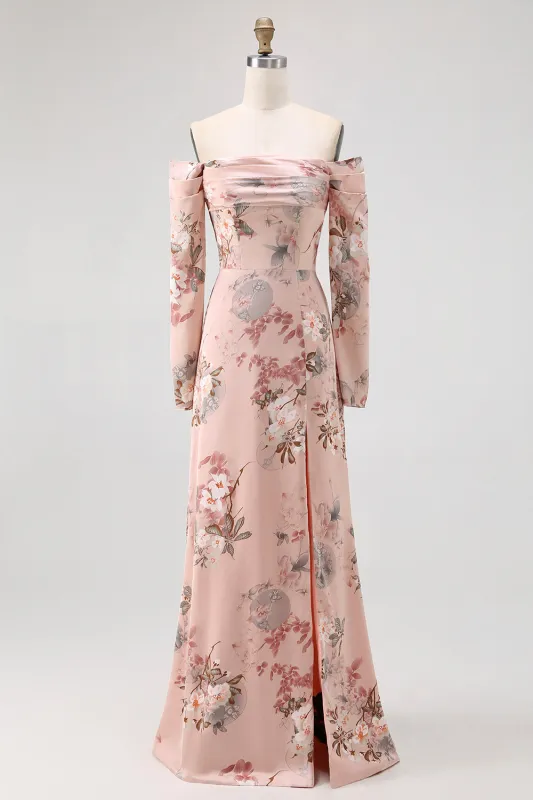 Blush Floral Off The Shoulder Sheath Long Wedding Guest Dress with Slit sold by Zapaka