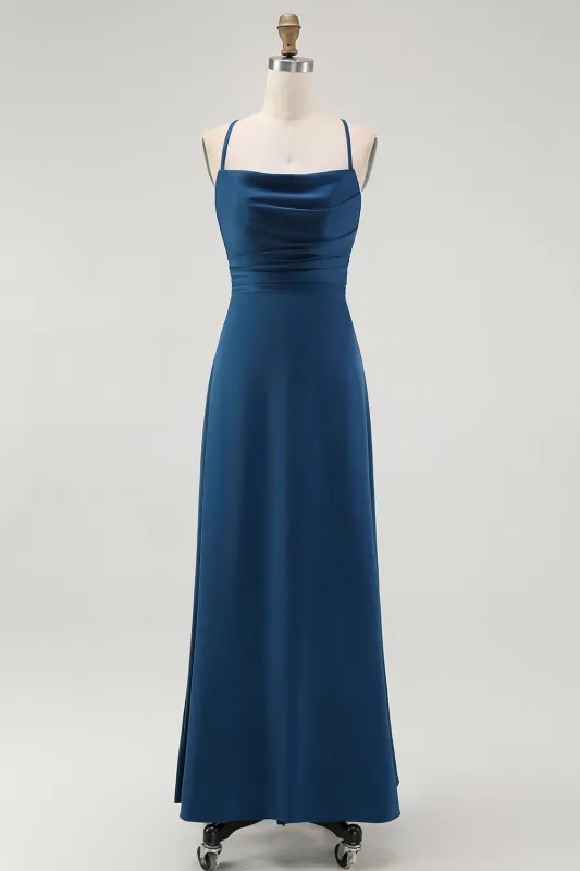 Dark Blue Spaghetti Straps A Line Long Bridesmaid Dress sold by Zapaka