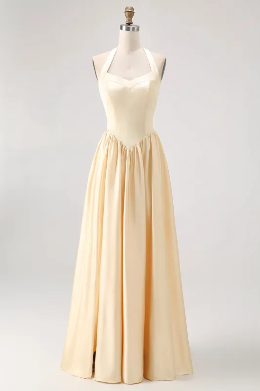 Daffodil Halter A Line Satin Bridesmaid Dress sold by Zapaka