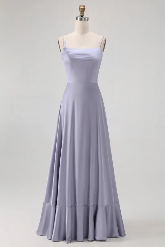 Dusty Blue A Line Long Bridesmaid Dress with Lace-up Back sold by Zapaka