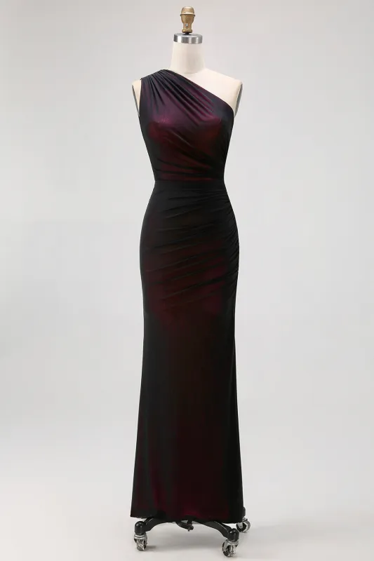 One Shoulder Black Pink Sheath Long Bridesmaid Dress with Slit sold by Zapaka