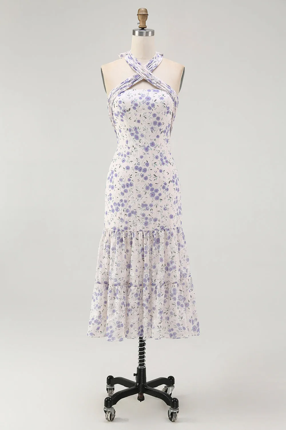 Blue Floral Halter A Line Ruffled Midi Bridesmaid Dress sold by Zapaka