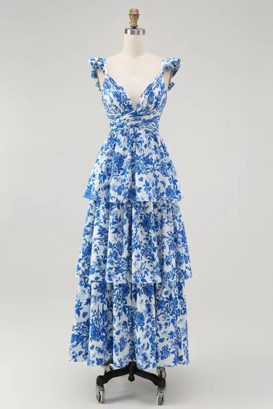 Blue Floral A Line Tiered V Neck Long Bridesmaid Dress sold by Zapaka