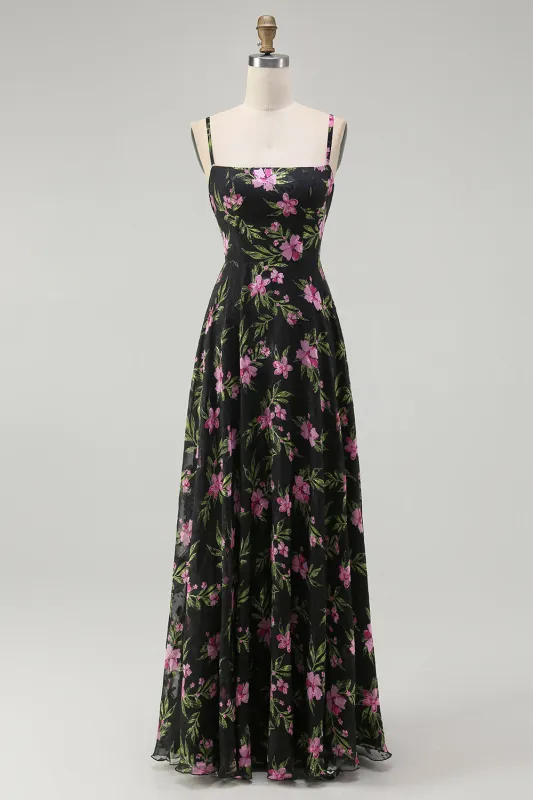 Black Pink Floral Spaghetti Straps A Line Long Bridesmaid Dress sold by Zapaka