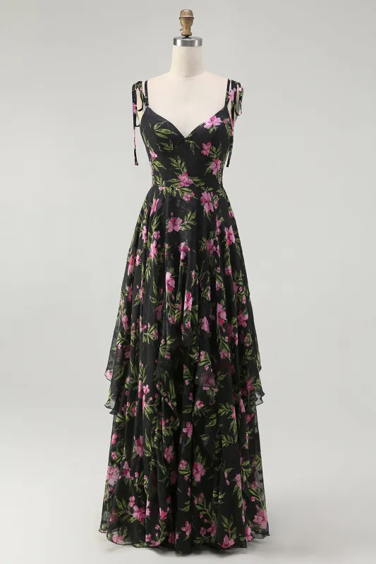 Black Pink Floral A Line Spaghetti Straps Tiered Long Bridesmaid Dress sold by Zapaka
