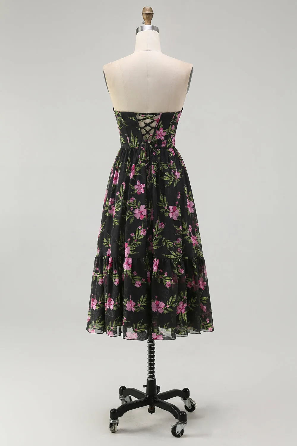 Strapless Black Pink Floral A Line Midi Bridesmaid Dress sold by Zapaka product image thumbnail 2