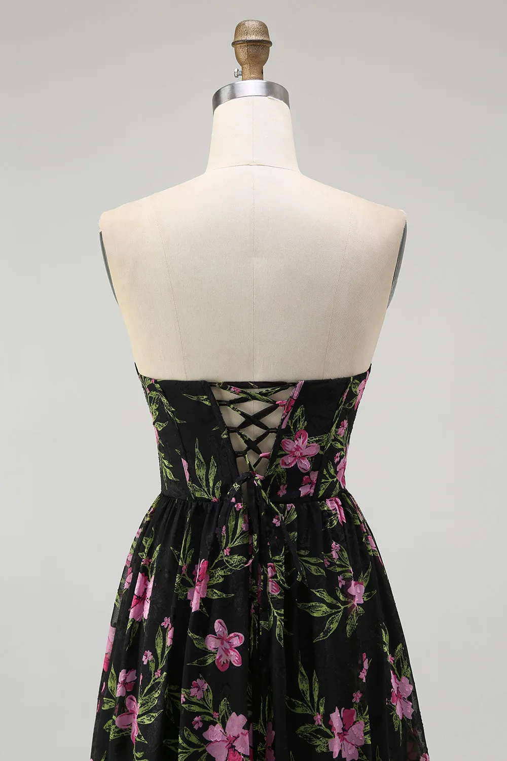 Strapless Black Pink Floral A Line Midi Bridesmaid Dress sold by Zapaka product image thumbnail 5
