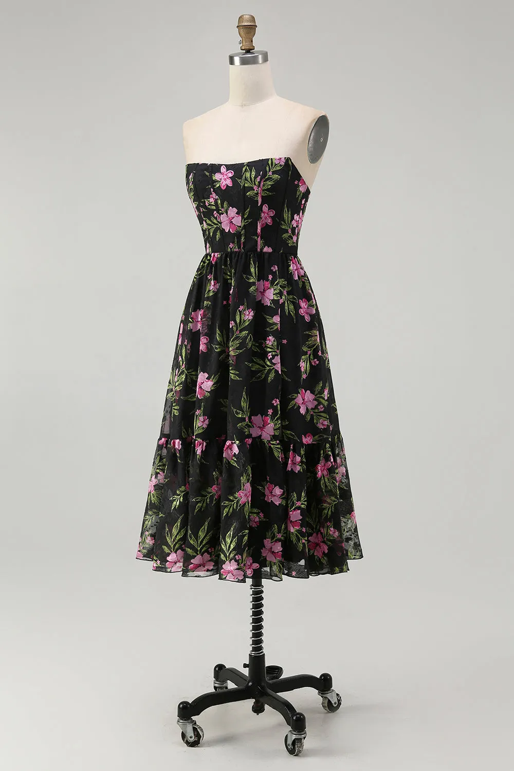 Strapless Black Pink Floral A Line Midi Bridesmaid Dress sold by Zapaka product image thumbnail 3
