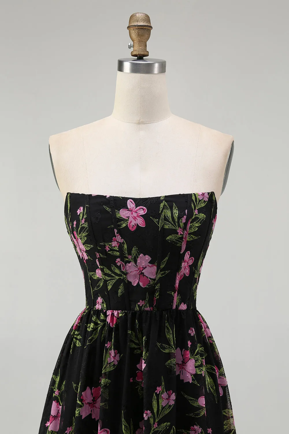 Strapless Black Pink Floral A Line Midi Bridesmaid Dress sold by Zapaka product image thumbnail 4