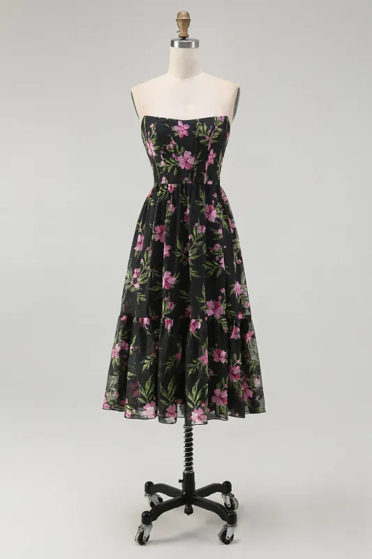 Strapless Black Pink Floral A Line Midi Bridesmaid Dress sold by Zapaka