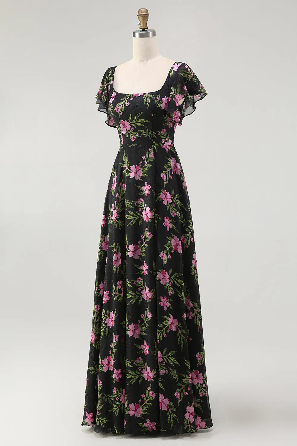 Black Pink Floral A Line Square Neck Short Sleeves Bridesmaid Dress sold by Zapaka product image thumbnail 3