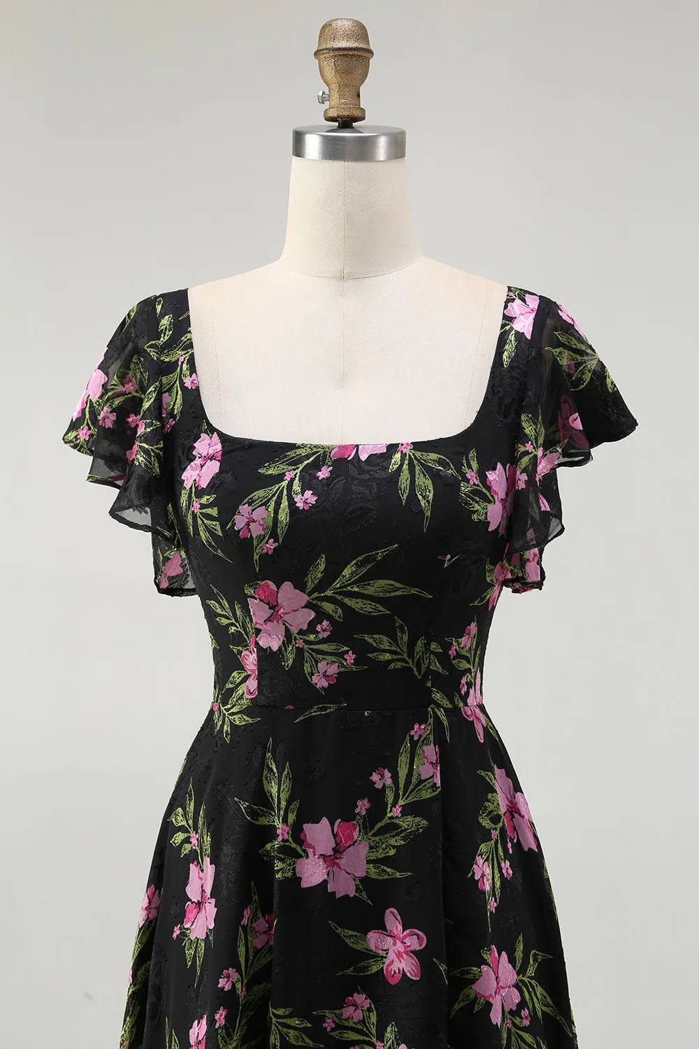 Black Pink Floral A Line Square Neck Short Sleeves Bridesmaid Dress sold by Zapaka product image thumbnail 4