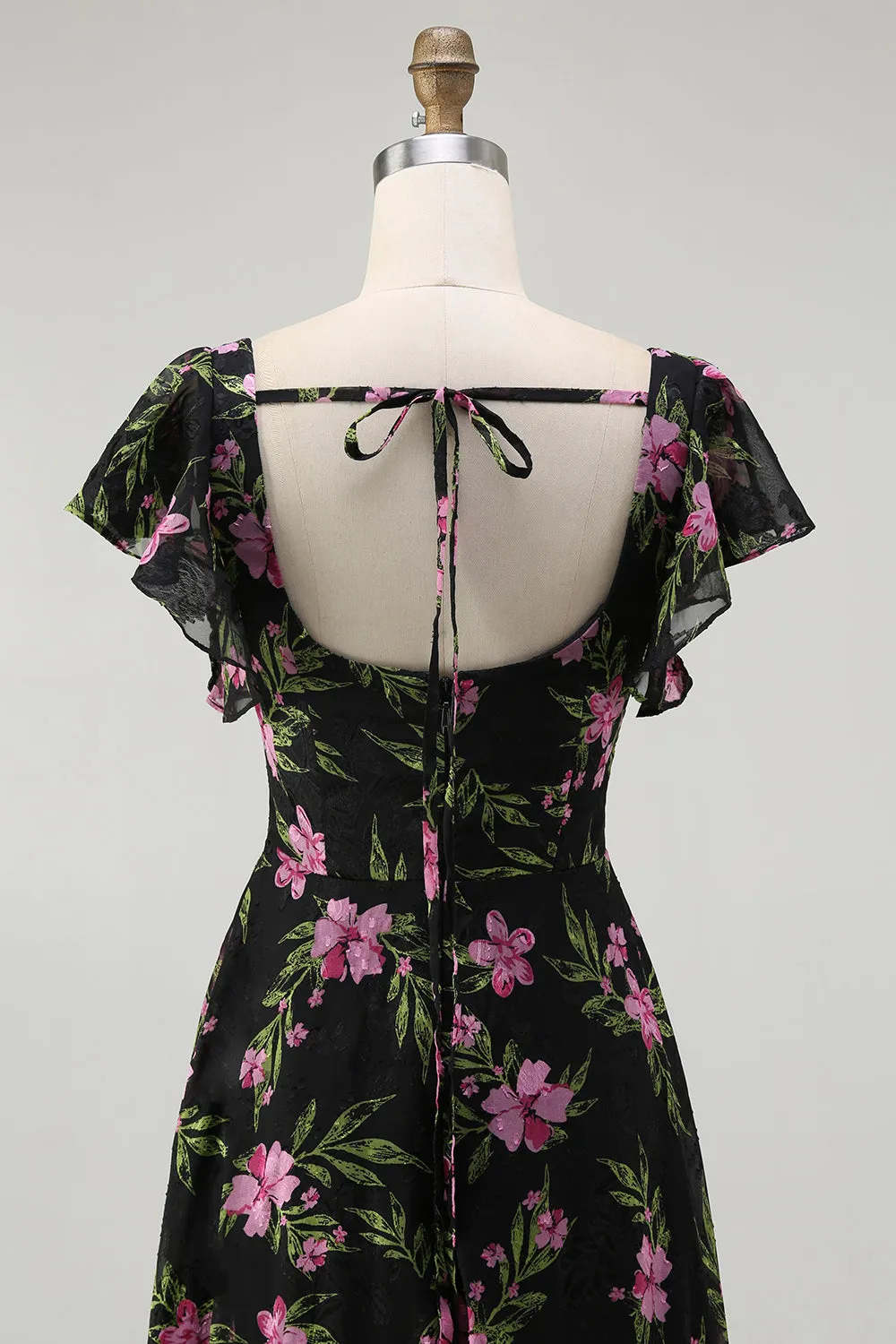 Black Pink Floral A Line Square Neck Short Sleeves Bridesmaid Dress sold by Zapaka product image thumbnail 5