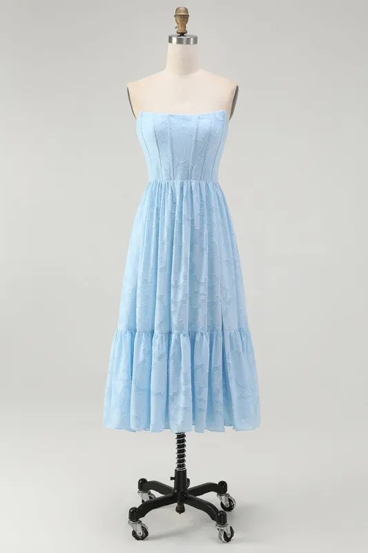 Strapless Sky Blue Corset A Line Midi Bridesmaid Dress sold by Zapaka