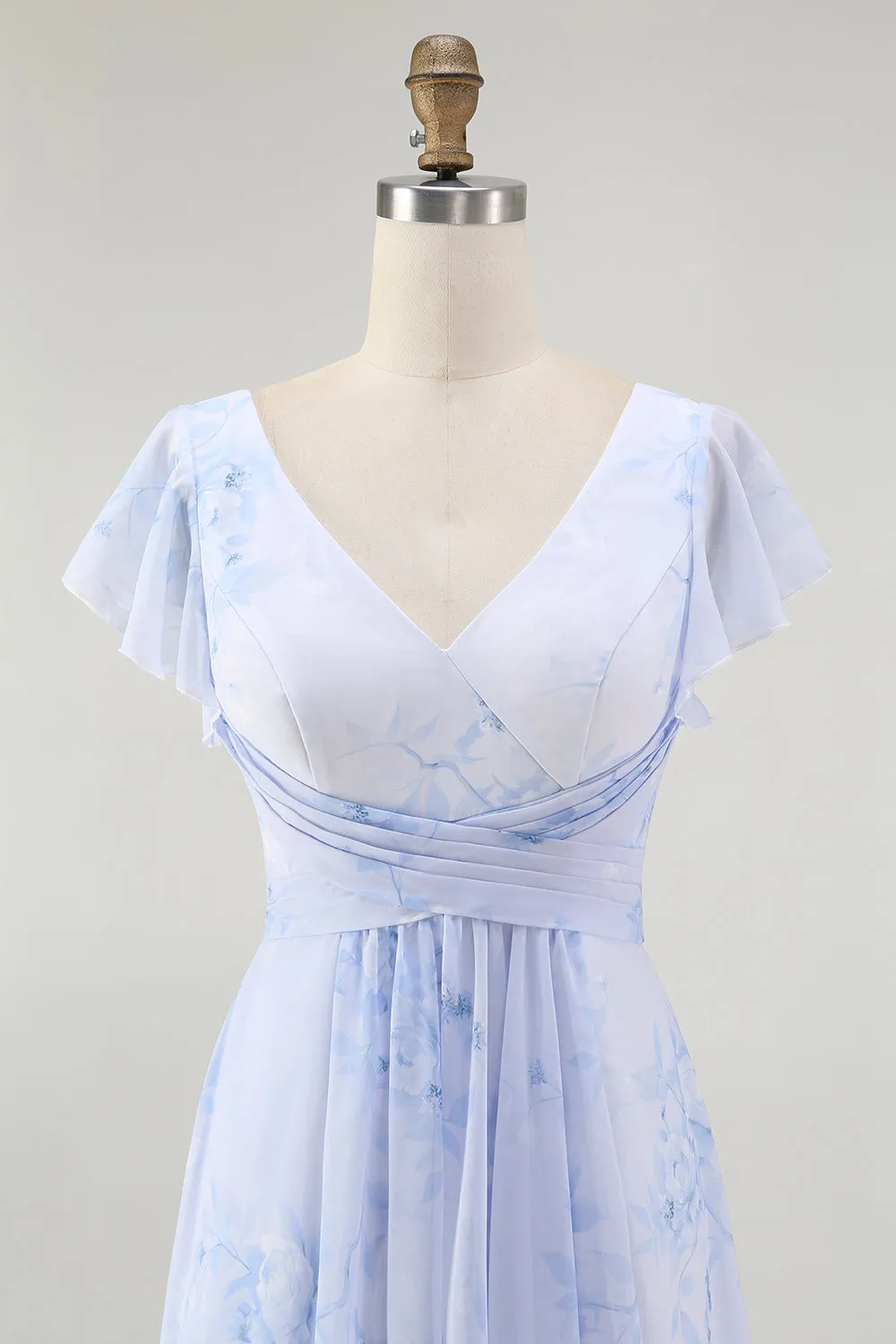 Blue Floral A Line V Neck Chiffon Long Bridesmaid Dress with Slit sold by Zapaka product image thumbnail 4