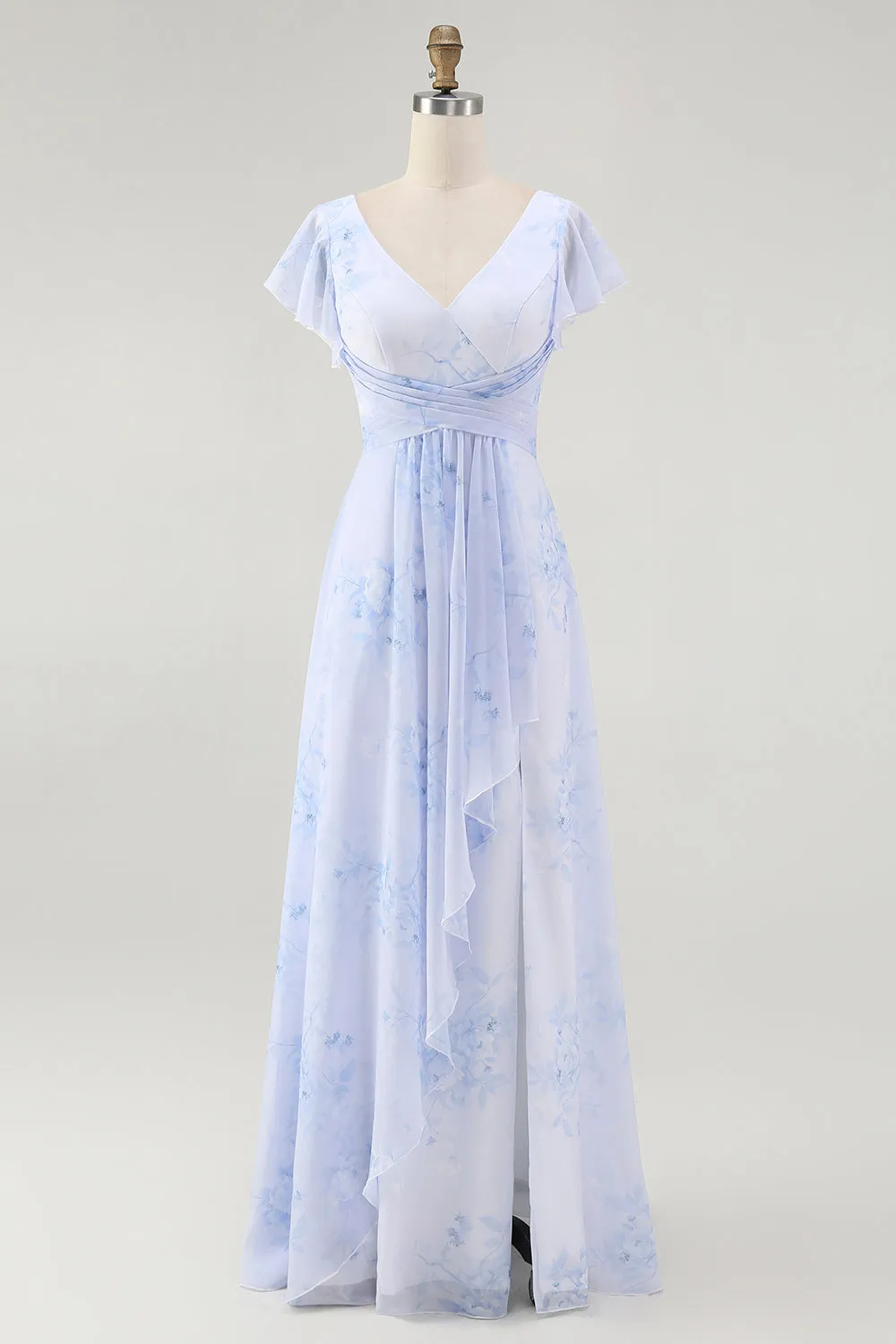 Blue Floral A Line V Neck Chiffon Long Bridesmaid Dress with Slit sold by Zapaka