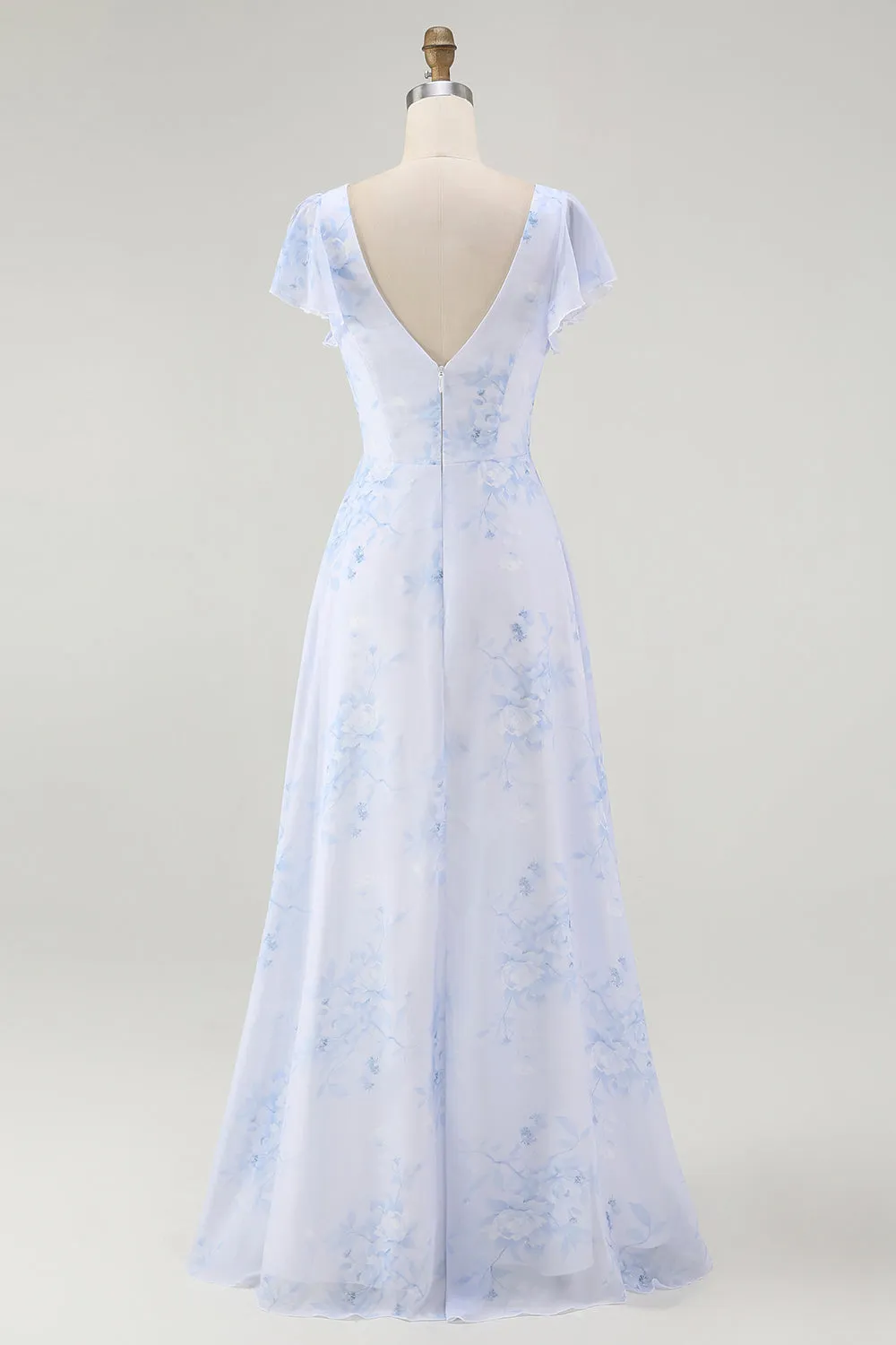 Blue Floral A Line V Neck Chiffon Long Bridesmaid Dress with Slit sold by Zapaka product image thumbnail 2