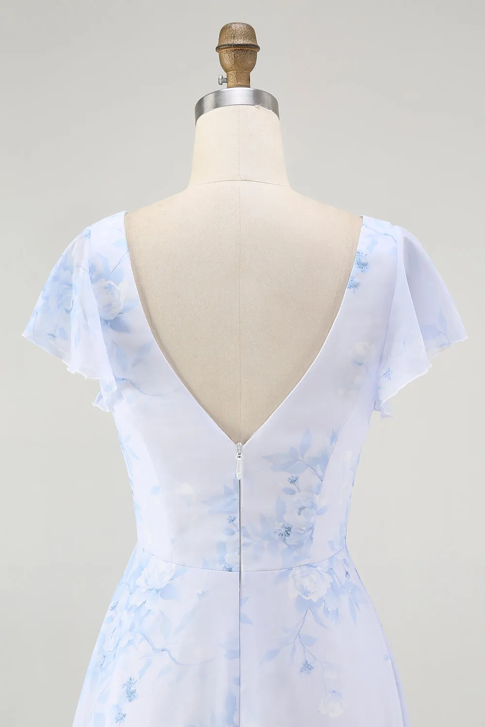 Blue Floral A Line V Neck Chiffon Long Bridesmaid Dress with Slit sold by Zapaka product image thumbnail 5