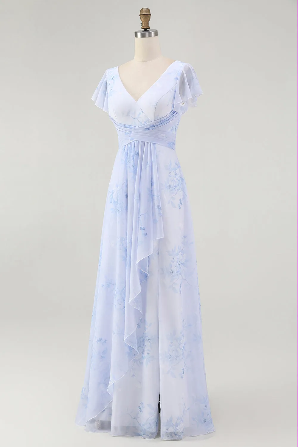 Blue Floral A Line V Neck Chiffon Long Bridesmaid Dress with Slit sold by Zapaka product image thumbnail 3
