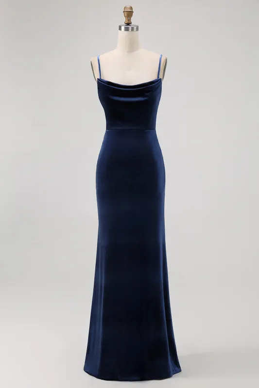 Dark Blue Spaghetti Straps Mermaid Bridesmaid Dress sold by Zapaka