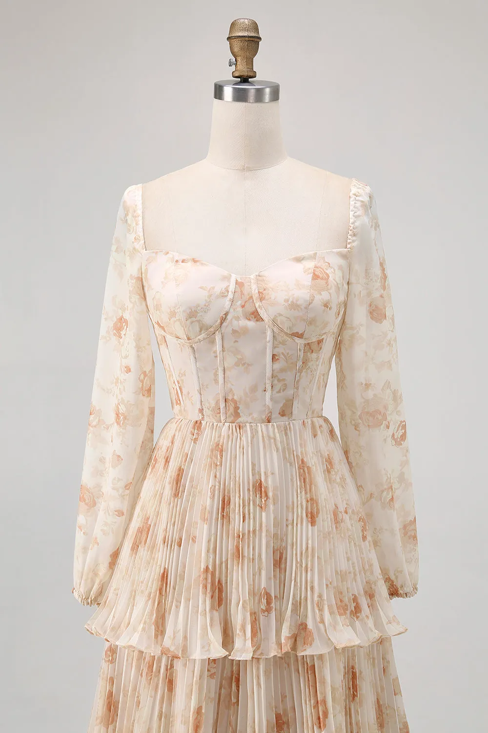 Champagne Floral A Line Tiered Long Sleeve Bridesmaid Dress sold by Zapaka product image thumbnail 4