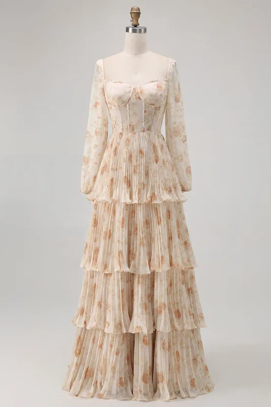 Champagne Floral A Line Tiered Long Sleeve Bridesmaid Dress sold by Zapaka