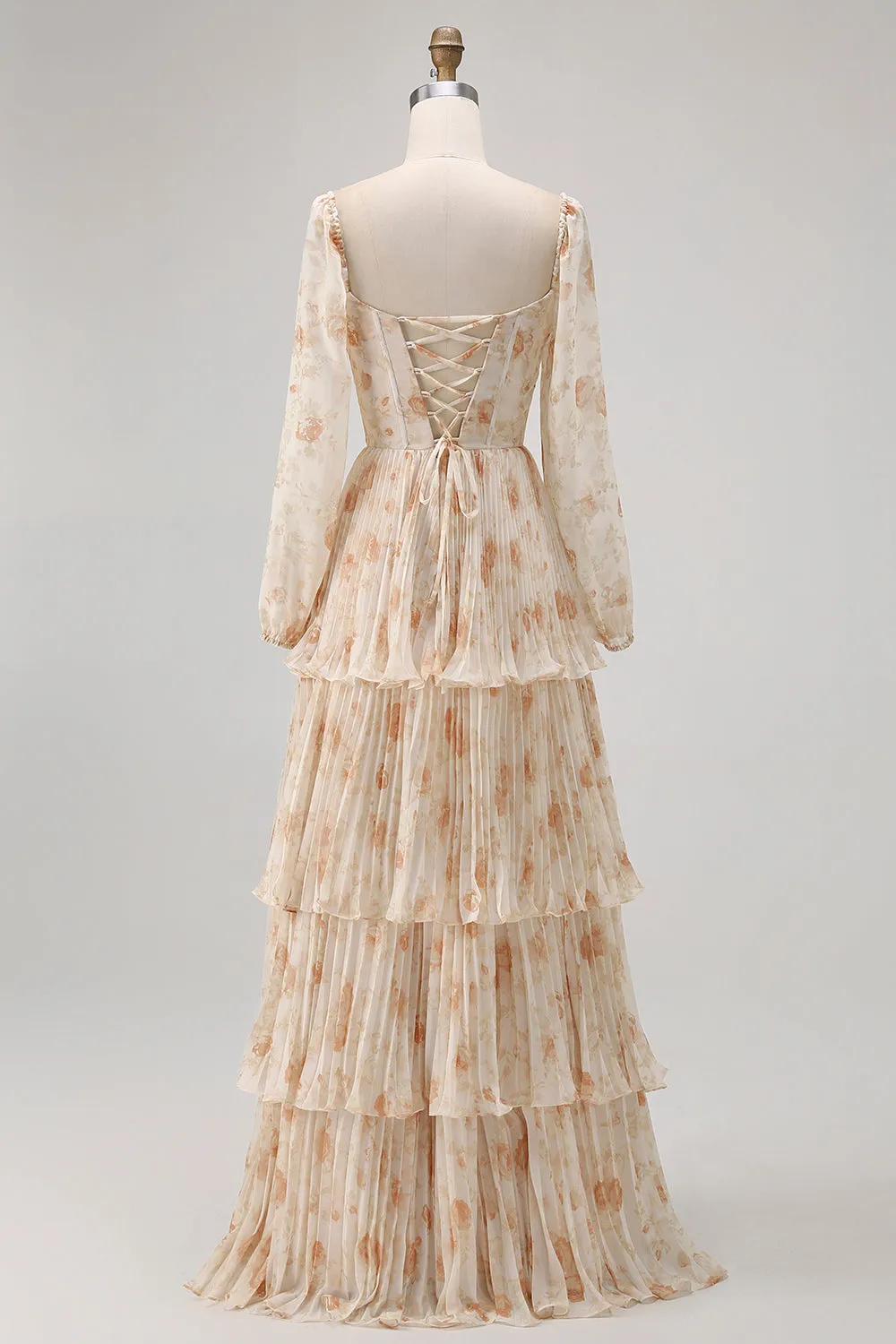 Champagne Floral A Line Tiered Long Sleeve Bridesmaid Dress sold by Zapaka product image thumbnail 2