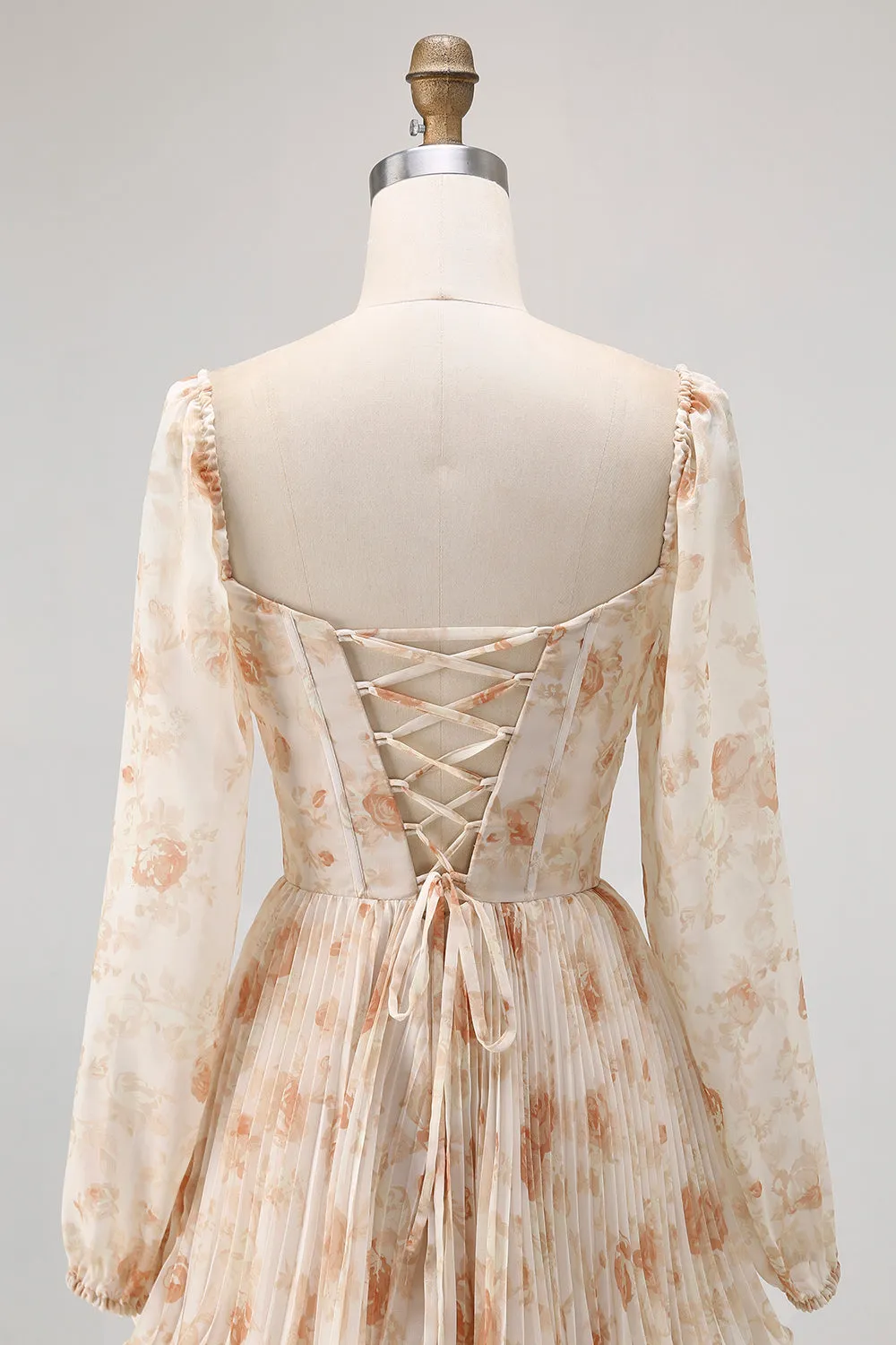 Champagne Floral A Line Tiered Long Sleeve Bridesmaid Dress sold by Zapaka product image thumbnail 5