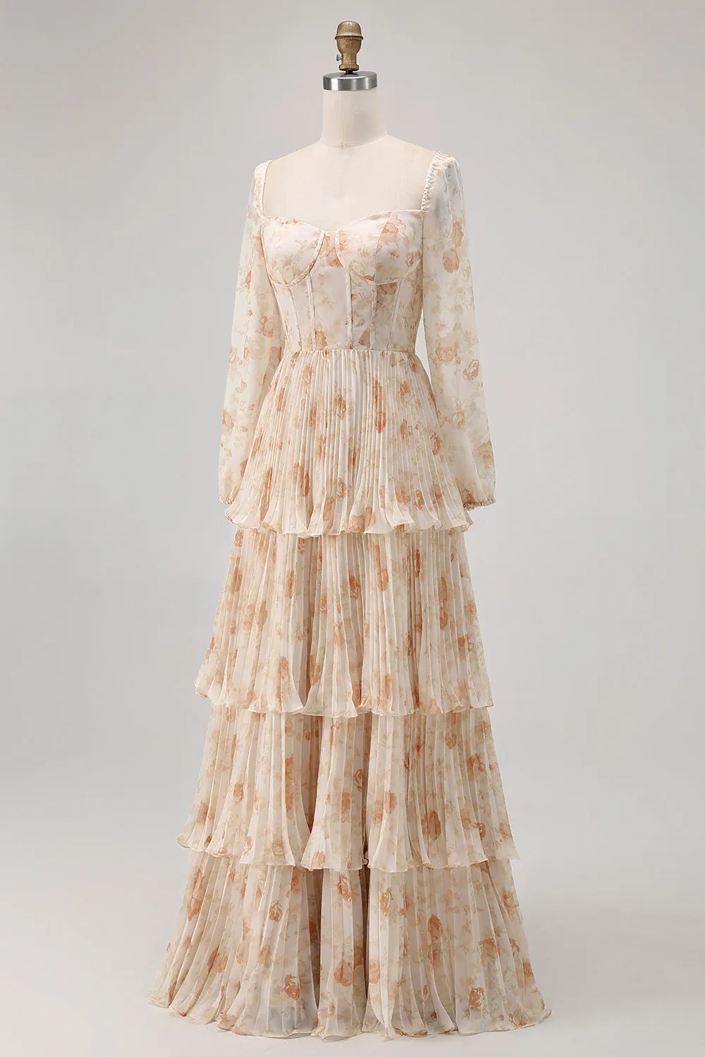 Champagne Floral A Line Tiered Long Sleeve Bridesmaid Dress sold by Zapaka product image thumbnail 3