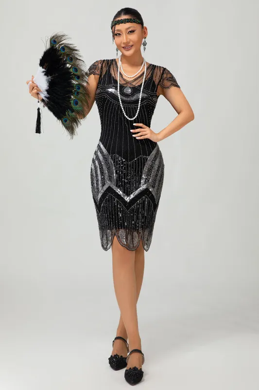 Black Silver Gatsby Sequins Short 1920s Dress With Fringes sold by Zapaka