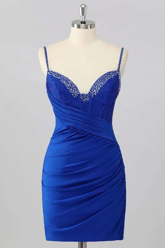 Royal Blue Bodycon Corset Ruched Mini Homecoming Dress with Beading sold by Zapaka