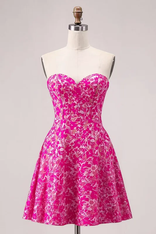 Fuchsia Floral Strapless A Line Mini Homecoming Dress sold by Zapaka