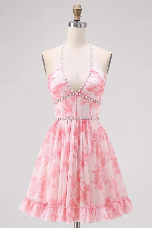 Pink Floral A Line V Neck Halter Corset Homecoming Dress with Lace Up Back sold by Zapaka