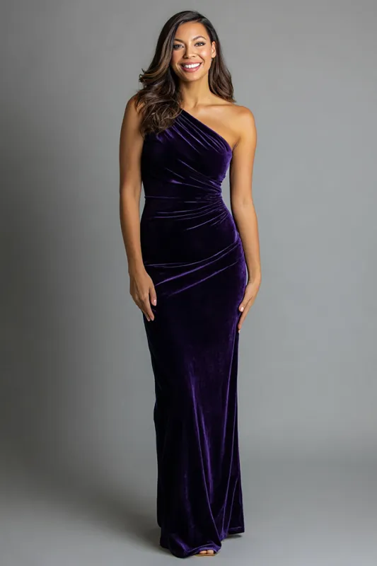 Plum One Shoulder Sheath Velvet Long Formal Dress sold by Zapaka