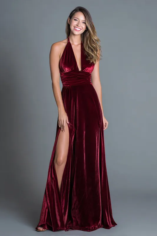 Burgundy Halter A Line Velvet Formal Dress with Slit sold by Zapaka