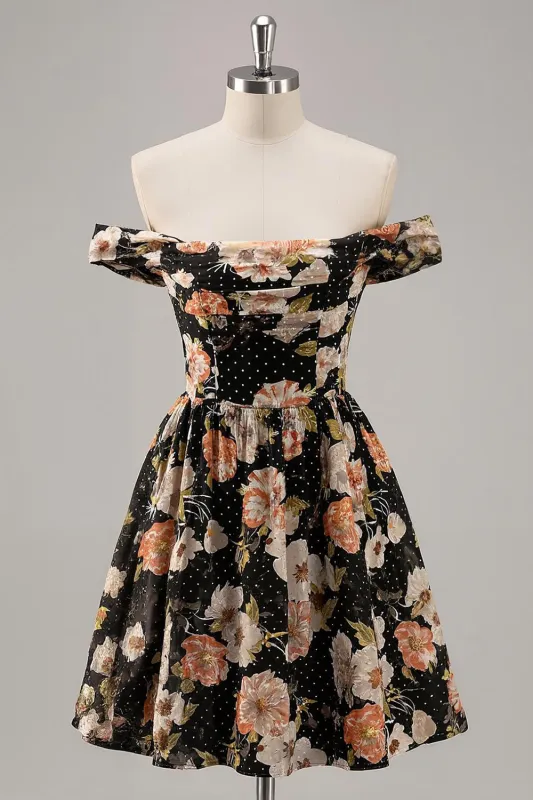 Black Floral A Line Off The Shoulder Mini Homecoming Dress with Beading sold by Zapaka