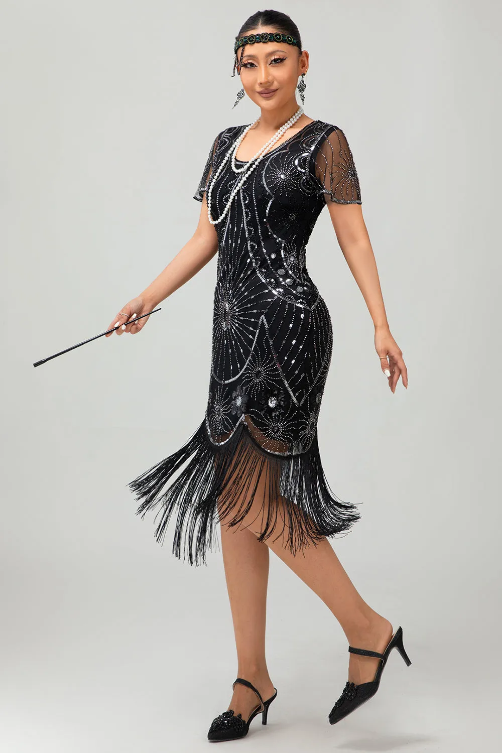 Gatsby Black Silver Scoop Fringed Bodycon 1920s Dress with Sequins sold by Zapaka product image thumbnail 5