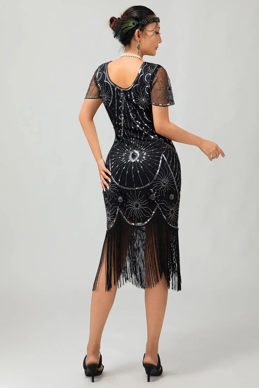 Gatsby Black Silver Scoop Fringed Bodycon 1920s Dress with Sequins sold by Zapaka product image thumbnail 2