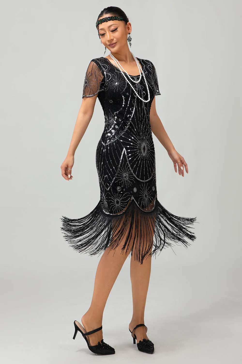 Gatsby Black Silver Scoop Fringed Bodycon 1920s Dress with Sequins sold by Zapaka product image thumbnail 3