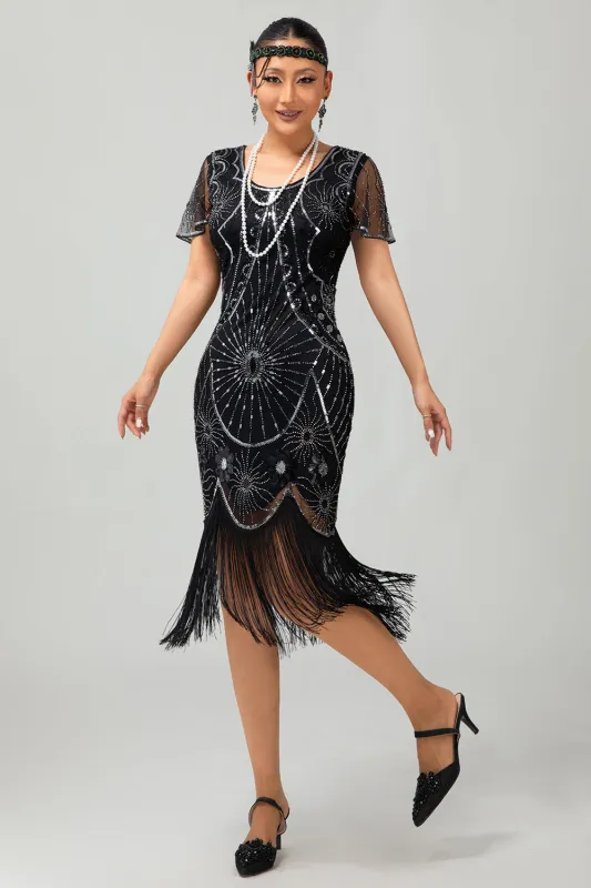 Gatsby Black Silver Scoop Fringed Bodycon 1920s Dress with Sequins made by Zapaka