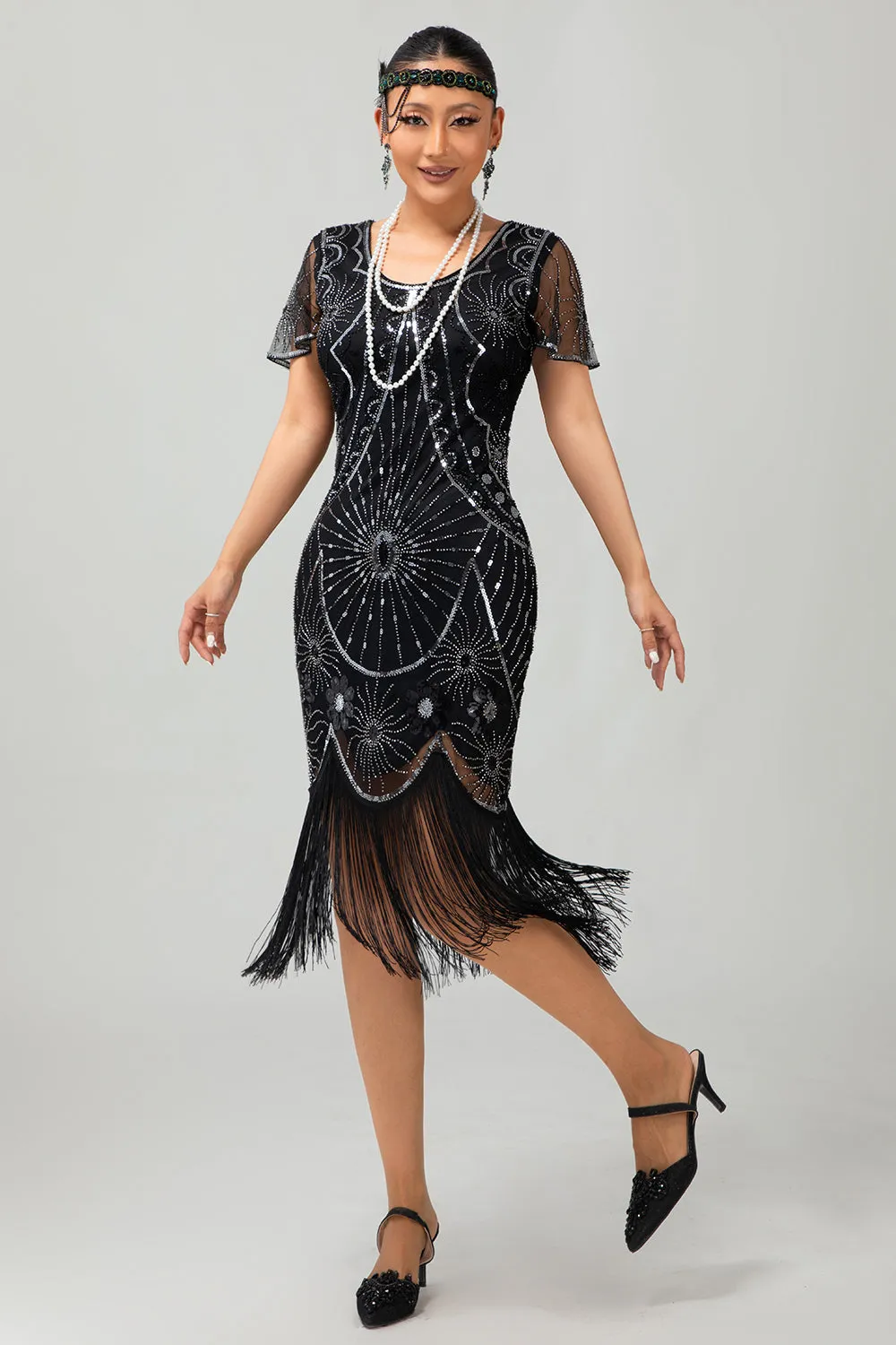 Gatsby Black Silver Scoop Fringed Bodycon 1920s Dress with Sequins sold by Zapaka