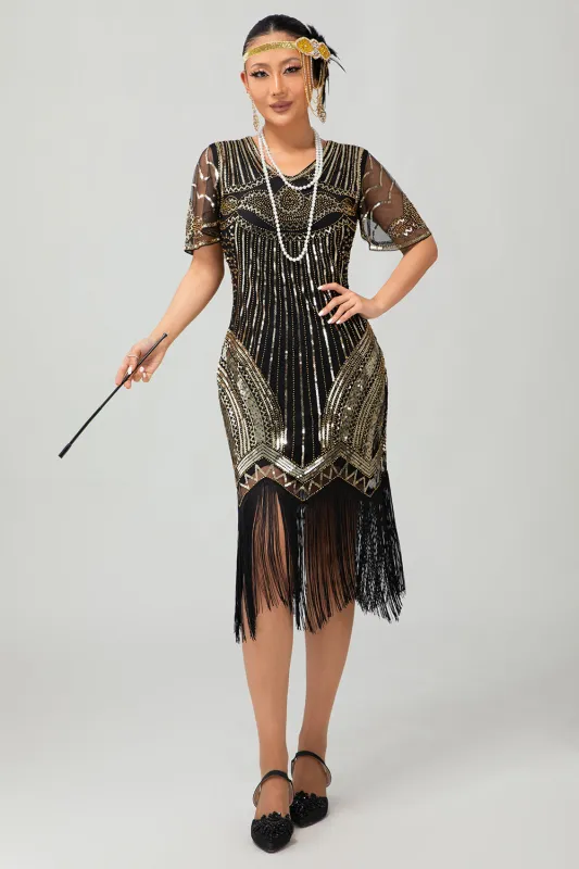 Black Golden Sequin Bodycon 1920s Flapper Dress with Tassles sold by Zapaka